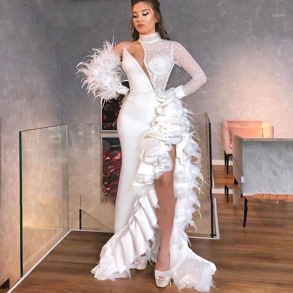 white fashion evening gowns high neck long sleeves feather mermaid side split ruffle custom made prom gowns1, White;black
white fashion evening gowns high neck long sleeves feather mermaid side split ruffle custom made prom gowns1, White;black