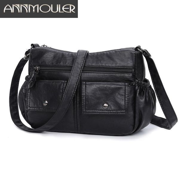 annmouler casual women shoulder bag pu leather bags soft black crossbody bag for ladies pockets messenger for women purse