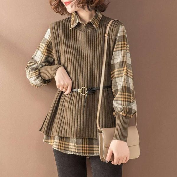 two piece wtern style plaid shirt women's knitted autumn 2020 korean version slim sweater vt suit, White;black 
two piece wtern style plaid shirt women's knitted autumn 2020 korean version slim sweater vt suit, White;black