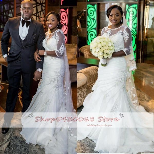 2021 new fancy african illusion 3/4 sleeves wedding dresses mermaid plus size income applique ruched nuptial trumpet bridal gown 17yo, White
2021 new fancy african illusion 3/4 sleeves wedding dresses mermaid plus size income applique ruched nuptial trumpet bridal gown 17yo, White