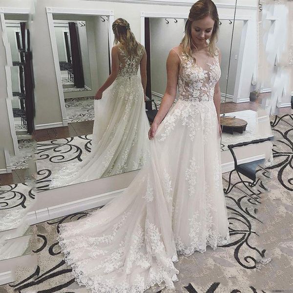 custom made a line lace wedding dresses with appliques sleeveless tulle sweep train bridal gowns vestidos de novia, White
custom made a line lace wedding dresses with appliques sleeveless tulle sweep train bridal gowns vestidos de novia, White
