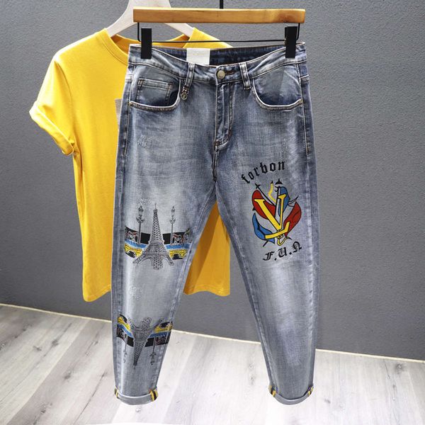 summer light color printed jeans men's paris tower contrast print youth korean elastic slim leggings, Blue
summer light color printed jeans men's paris tower contrast print youth korean elastic slim leggings, Blue