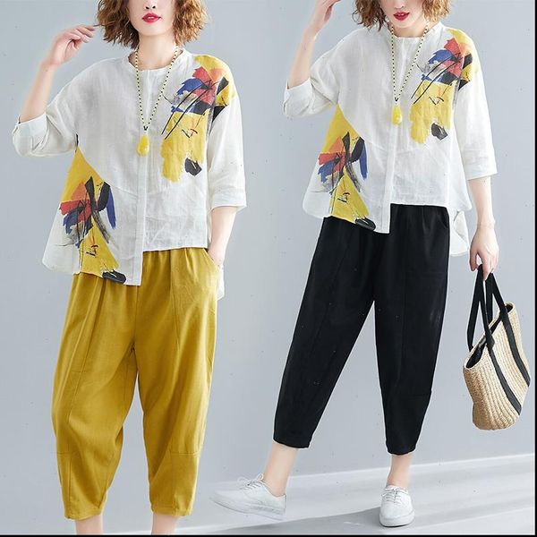 women fashion large size 2 piece set women summer irregular print cotton and linen casual shirt loose wide leg pants suit, Gray
women fashion large size 2 piece set women summer irregular print cotton and linen casual shirt loose wide leg pants suit, Gray