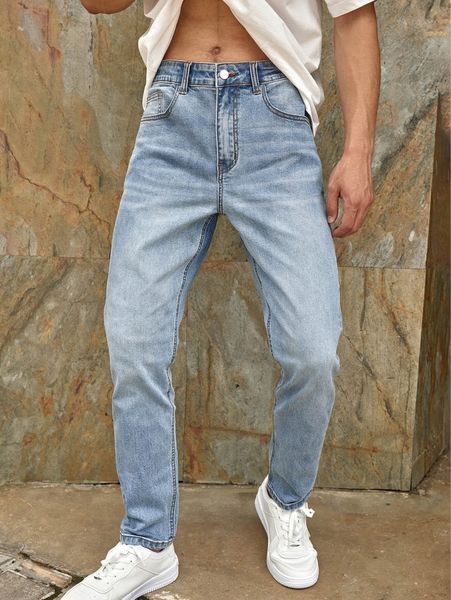 men bleach wash tapered jeans x1m0#, Blue