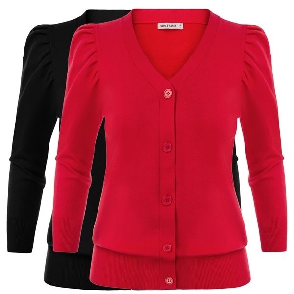 grace karin women jumper fashion clothes v-neck sweater cardigan 3/4 puffed sleeves button placket knitwear solid soft new c1023 c1030, Black
grace karin women jumper fashion clothes v-neck sweater cardigan 3/4 puffed sleeves button placket knitwear solid soft new c1023 c1030, Black