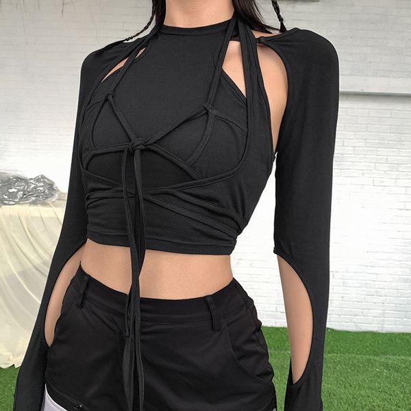 gothic women's hollow t-shirt 2 pieces crop summer black punk bandage tassel high streetwear party cotton tees female, White
gothic women's hollow t-shirt 2 pieces crop summer black punk bandage tassel high streetwear party cotton tees female, White