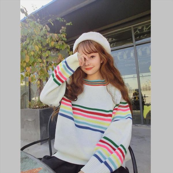 womens japanese harajuku cute sweet rainbow stripe loose long sleeve sweater female korean kawaii knitted jumper and pullover, White;black
womens japanese harajuku cute sweet rainbow stripe loose long sleeve sweater female korean kawaii knitted jumper and pullover, White;black