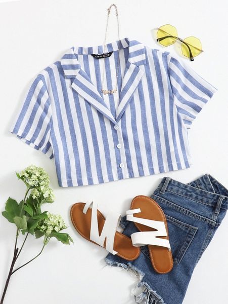 lapel collar two tone striped crop blouse n8iq#, White