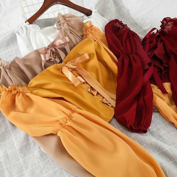 2020 spring solid color off shoulder bubble sleeve chiffon blouse slim holiday cropped short shirts1, White 
2020 spring solid color off shoulder bubble sleeve chiffon blouse slim holiday cropped short shirts1, White