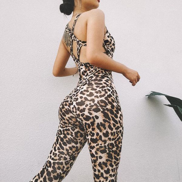 2020 summer new women's leopard sports fitness hollow jumpsuit1, Black;white