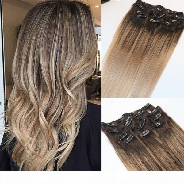 #4 #18 8a 7pcs 120gram clip in human hair extensions ombre dark brown root to ash blonde balayage highlights hairstyle, Black
#4 #18 8a 7pcs 120gram clip in human hair extensions ombre dark brown root to ash blonde balayage highlights hairstyle, Black