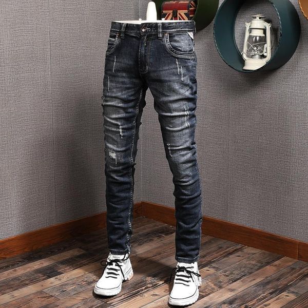 men's jeans italian style fashion men retro black slim fit ripped denim pants hombre scratch destroyed vintage designer long trousers, Blue
men's jeans italian style fashion men retro black slim fit ripped denim pants hombre scratch destroyed vintage designer long trousers, Blue