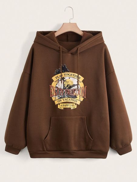 plus slogan & palm tree print drop shoulder drawstring thermal hoodie u31c#, Black