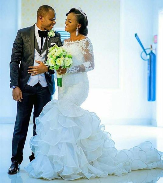 2021 elegant mermaid wedding dresses long sleeves off the shoulder lace applique embroidery beaded tiered ruffles skirt wedding gown vestido, White
2021 elegant mermaid wedding dresses long sleeves off the shoulder lace applique embroidery beaded tiered ruffles skirt wedding gown vestido, White