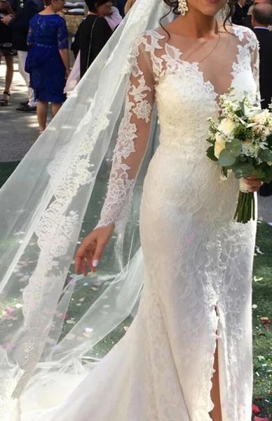 graceful sheer neck high split mermaid wedding dress lace long sleeve bridal gowns illusion back button appliques dresses for bride, White
graceful sheer neck high split mermaid wedding dress lace long sleeve bridal gowns illusion back button appliques dresses for bride, White