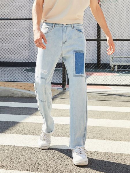 men slogan graphic contrast panel frayed raw hem straight leg jeans w6q6#, Blue
men slogan graphic contrast panel frayed raw hem straight leg jeans w6q6#, Blue