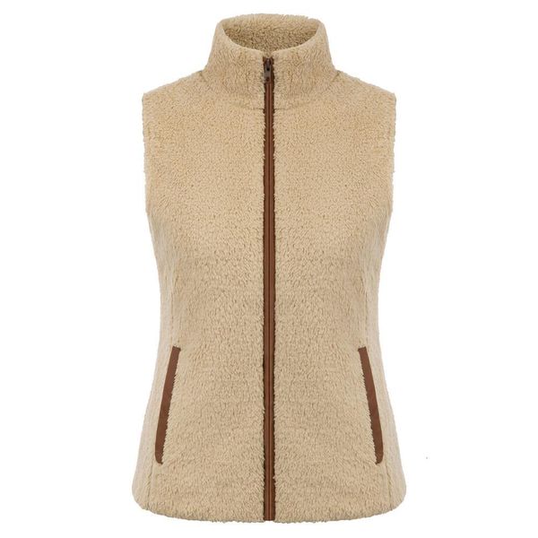 khaki/grey women fleece vest coat stand collar zip-up stylish warm sleeveless autumn winter casual pockets coat female lady, Black;white