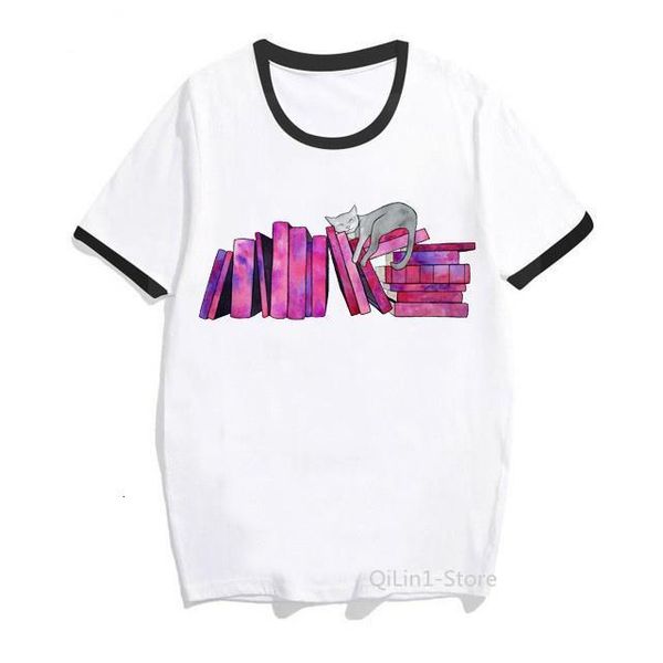 cat read on books cute geek funny animal print t shirt women summer fashion vogue tshirt femme white short sleeve female t-shirt