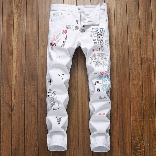 men's jeans letter printing white micro-elastic hole patch embroidery nightclub straight pencil pants trendy casual, Blue
men's jeans letter printing white micro-elastic hole patch embroidery nightclub straight pencil pants trendy casual, Blue