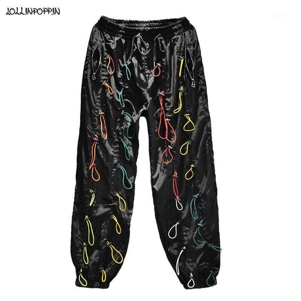 

high street colorful draw cords embellished men casual jogger pants elastic waist zippered pockets loose trousers hip hop1, Black
