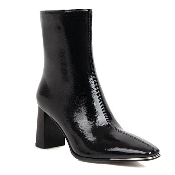 patent leather profiled heel square toe ankle boots beige stitched high heel fashion women's shoes bright fur plush short boots, Black
patent leather profiled heel square toe ankle boots beige stitched high heel fashion women's shoes bright fur plush short boots, Black