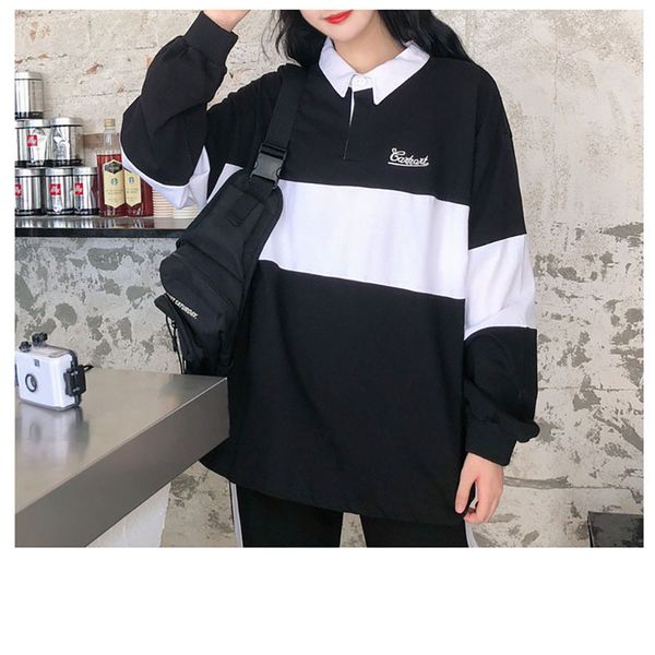 women polo shirt long sleeve shirts loose embroidery stitching female cotton black green striped harajuku polo shirt woman, White
women polo shirt long sleeve shirts loose embroidery stitching female cotton black green striped harajuku polo shirt woman, White