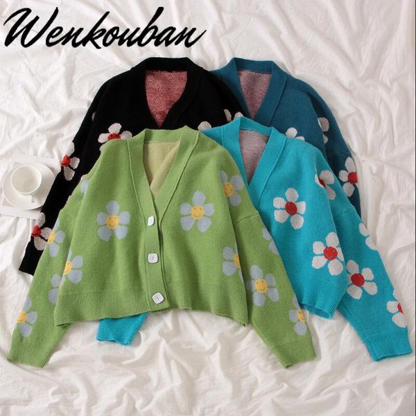 2021 autumn college cardigans sweater women loose v neck flower green sweater female short cute casual coat thicked, White
2021 autumn college cardigans sweater women loose v neck flower green sweater female short cute casual coat thicked, White