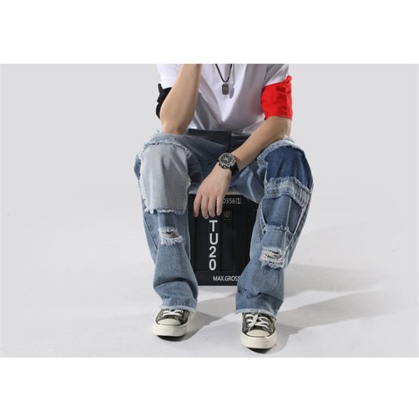 2020 street style european and american ripped men's jeans loose straight leg old patch beggar pants hip-hop raw edge trousers size -3, Blue
2020 street style european and american ripped men's jeans loose straight leg old patch beggar pants hip-hop raw edge trousers size -3, Blue