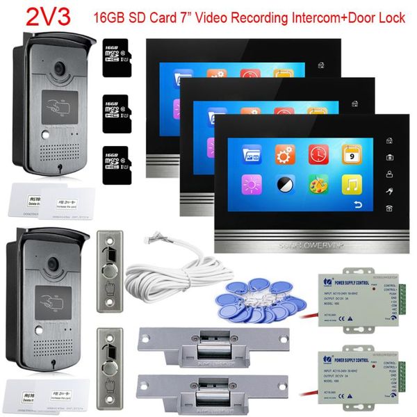 video door phones for 2 doors 3 apartments intercom rfid 16gb sd card recording 7" with camera + electric lock
video door phones for 2 doors 3 apartments intercom rfid 16gb sd card recording 7" with camera + electric lock