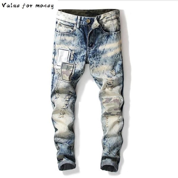 men's snow vintage washed patchwork ripped beggar jeans patches holes distressed slim straight denim pants, Blue
men's snow vintage washed patchwork ripped beggar jeans patches holes distressed slim straight denim pants, Blue
