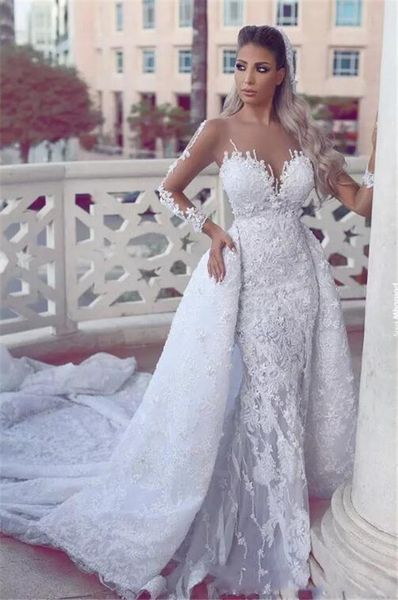 mermaid wedding dress sheer neck long sleeves lace applique beads bridal gowns vestido de novia with detachable train, White
mermaid wedding dress sheer neck long sleeves lace applique beads bridal gowns vestido de novia with detachable train, White