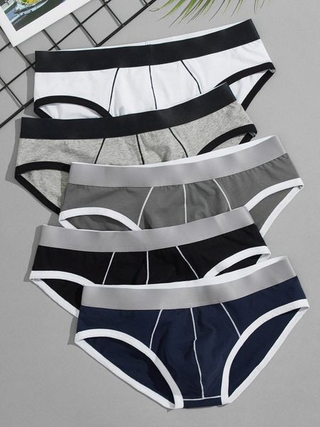 men 5pcs contrast binding brief n0ra#, Black;brown