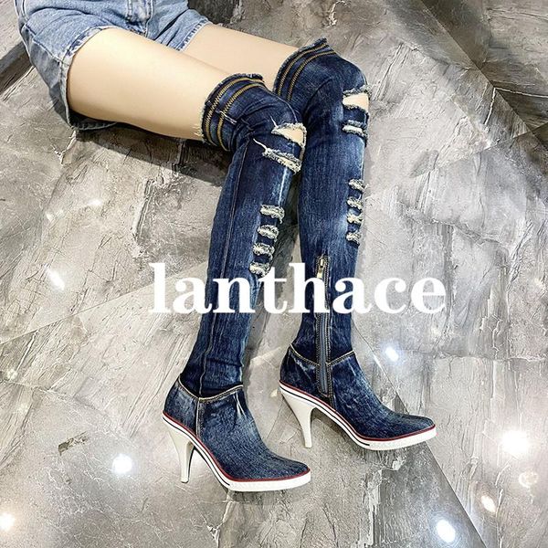 boots 2021 women thigh high heels denim hole design autumn over the knee botas round toe cowboy botines spring zapatillas, Black
boots 2021 women thigh high heels denim hole design autumn over the knee botas round toe cowboy botines spring zapatillas, Black