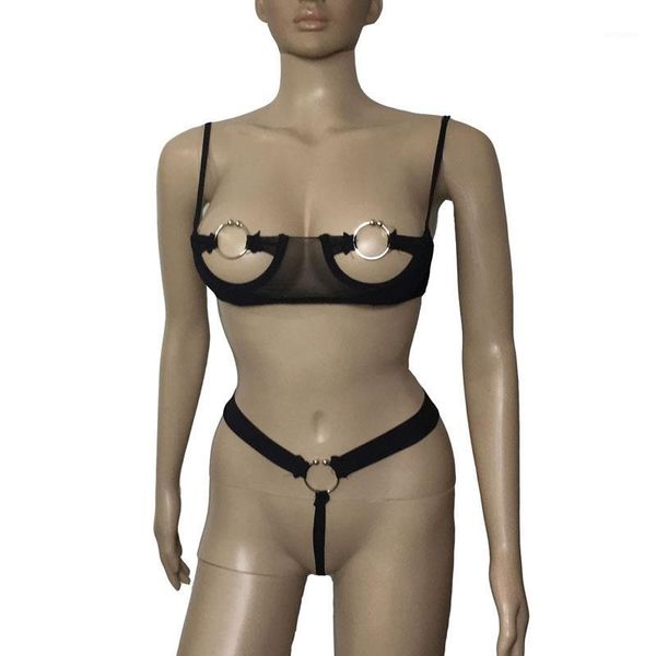 black women open cup breast harness bikini lingerie metal nipple ring bra and g-string underwear1, Red;black
black women open cup breast harness bikini lingerie metal nipple ring bra and g-string underwear1, Red;black