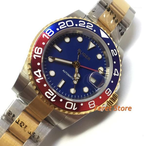 wristwatches 40mm bliger golden plated steel case metal bezel blue dial sapphire glass gmt function automatic movement men's watch1, Slivery;brown
wristwatches 40mm bliger golden plated steel case metal bezel blue dial sapphire glass gmt function automatic movement men's watch1, Slivery;brown