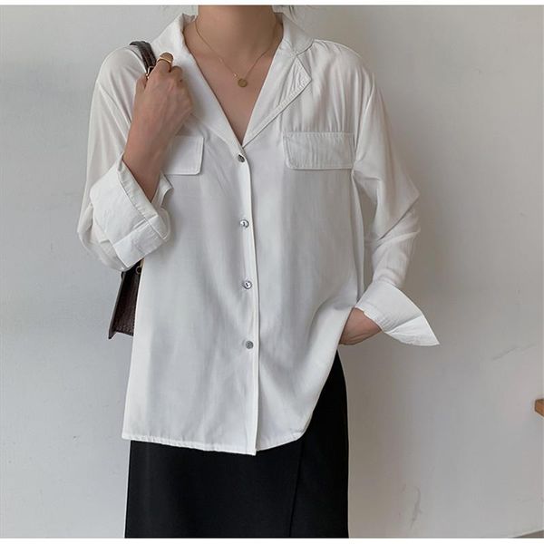 2021 autumn women shirt solid female blouse fashion contract double pockets fresh business elegant office lady casual girl, White
2021 autumn women shirt solid female blouse fashion contract double pockets fresh business elegant office lady casual girl, White
