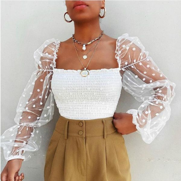 women square neck lace see through puff sleeve blouse high street beach vacation polka dot elastic top, White
women square neck lace see through puff sleeve blouse high street beach vacation polka dot elastic top, White
