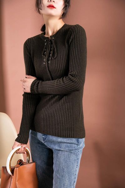 women sweater cross lace up crew neck wool blended solid color slim knit bottoming shirt the version is more body-building, White;black
women sweater cross lace up crew neck wool blended solid color slim knit bottoming shirt the version is more body-building, White;black