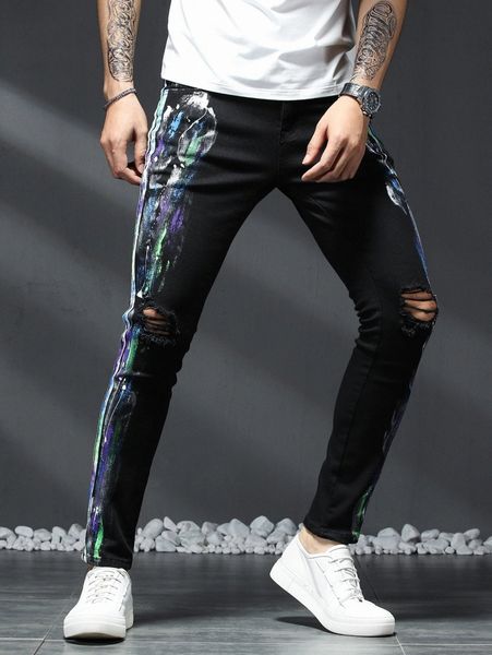 men brush print ripped jeans m882#, Blue