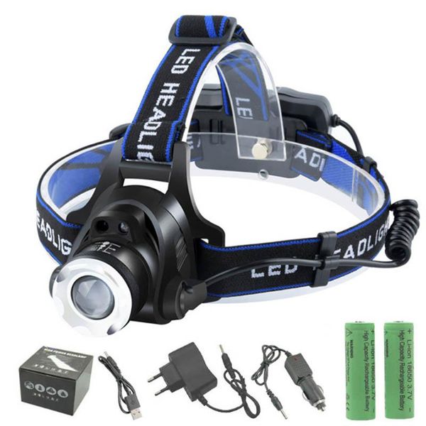 L2 Headlamp Tail Switch 3mode Zoom Fishing Camping Hunting Headlights By 18650 Battery Torch+us/eucharger+car Charger