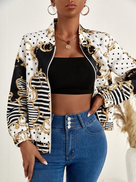 sxy polka dot & baroque print zipper bomber jacket j9ez#, Black;brown