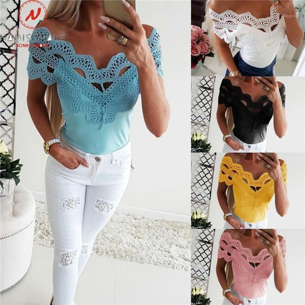 women off shoulder patchwork design hollow out lace decor v-neck short sleeve solid color summer slim shirts1, White
women off shoulder patchwork design hollow out lace decor v-neck short sleeve solid color summer slim shirts1, White