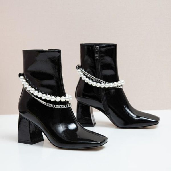 womens square toe patent leather pearls chain zipper ankle boots block high heel shoes black white luxury new 2020
womens square toe patent leather pearls chain zipper ankle boots block high heel shoes black white luxury new 2020