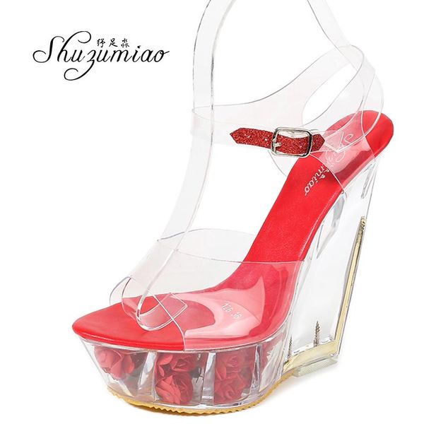 shuzumiao ladies sandals high heel 14cm sandals pvc transparent rose platform wedge female party women shoes, Black
shuzumiao ladies sandals high heel 14cm sandals pvc transparent rose platform wedge female party women shoes, Black