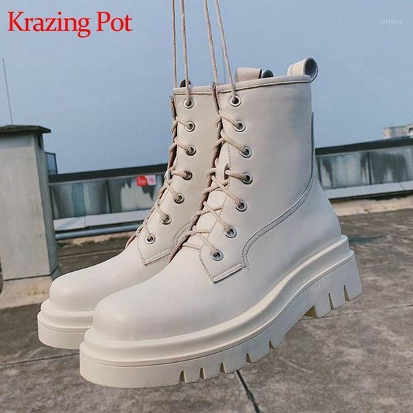 krazing pot full grain leather thick bottom motorcycle boots round toe lace up keep warm rivets beading platform ankle boots l571, Black
krazing pot full grain leather thick bottom motorcycle boots round toe lace up keep warm rivets beading platform ankle boots l571, Black