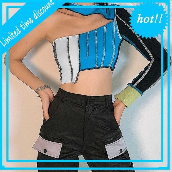 women's wear new contrast stripe stitching off shoulder single sleeve t-shirt in autumn and winter 2021, White
women's wear new contrast stripe stitching off shoulder single sleeve t-shirt in autumn and winter 2021, White