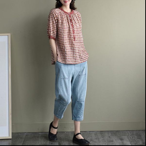 2021 summer new arts style women short sleeve o neck loose shirts cotton linen plaid casual femme blusas plus size s771, White
2021 summer new arts style women short sleeve o neck loose shirts cotton linen plaid casual femme blusas plus size s771, White