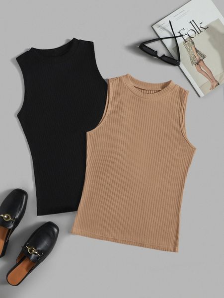 2pcs solid ribbed knit tank e4et#, White