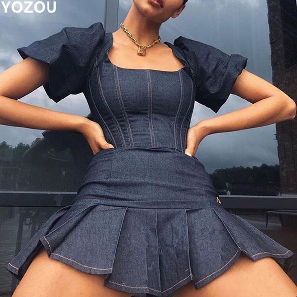 casual dresses women summer elegant chic england style 90s vintage solid elastic denim puff short sleeve square collar mini pleated dress, Black;gray
casual dresses women summer elegant chic england style 90s vintage solid elastic denim puff short sleeve square collar mini pleated dress, Black;gray