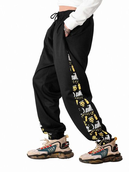 men cartoon & letter graphic drawstring waist sweatpants v96s#, Black
men cartoon & letter graphic drawstring waist sweatpants v96s#, Black